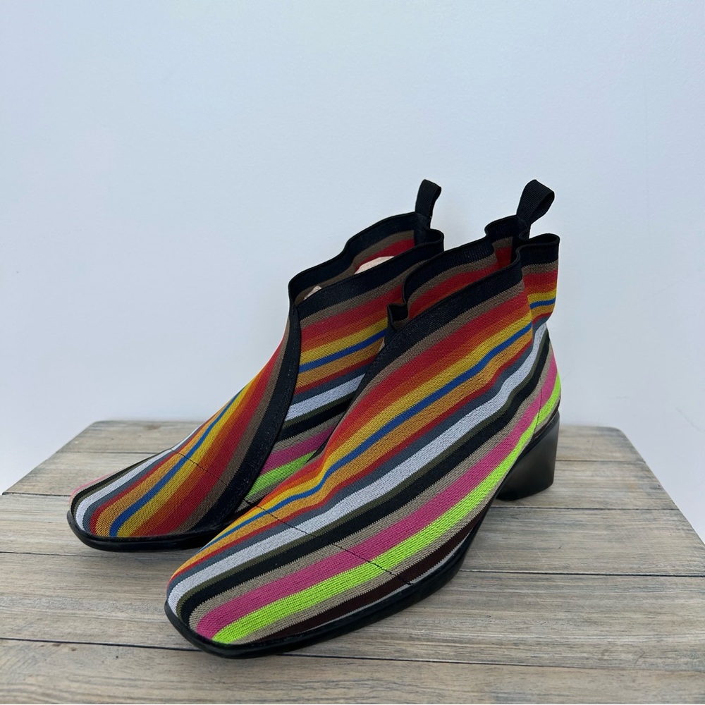 Multi-Colour Striped Pattern Ankle Sock Low Heel Booties